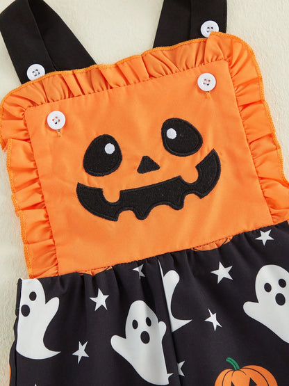 Baby Girl Halloween Jumpsuit Orange Pumpkin Ghost Print Ruffle Overalls With Bow Bell Bottoms Summer Fall Clothing Halloween Celebration