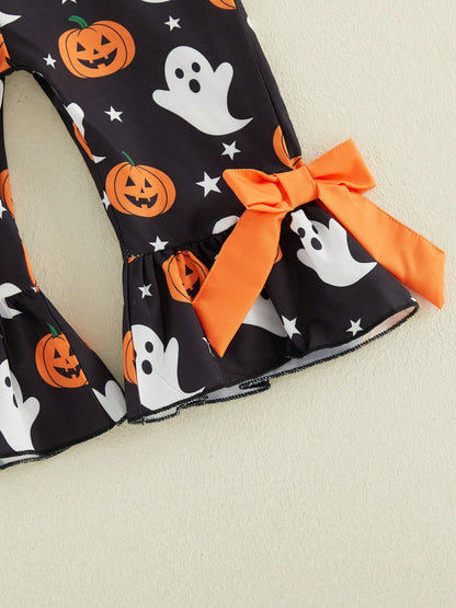 Baby Girl Halloween Jumpsuit Orange Pumpkin Ghost Print Ruffle Overalls With Bow Bell Bottoms Summer Fall Clothing Halloween Celebration