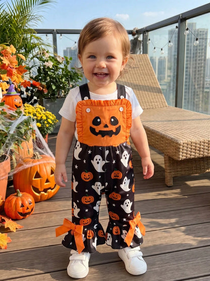 Baby Girl Halloween Jumpsuit Orange Pumpkin Ghost Print Ruffle Overalls With Bow Bell Bottoms Summer Fall Clothing Halloween Celebration