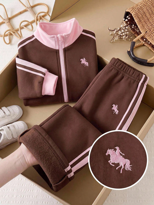 Baby Girl Knit Colorblock Stand Collar Casual Sweatshirt & Long Autumn Winter Pants 2 Pieces Set