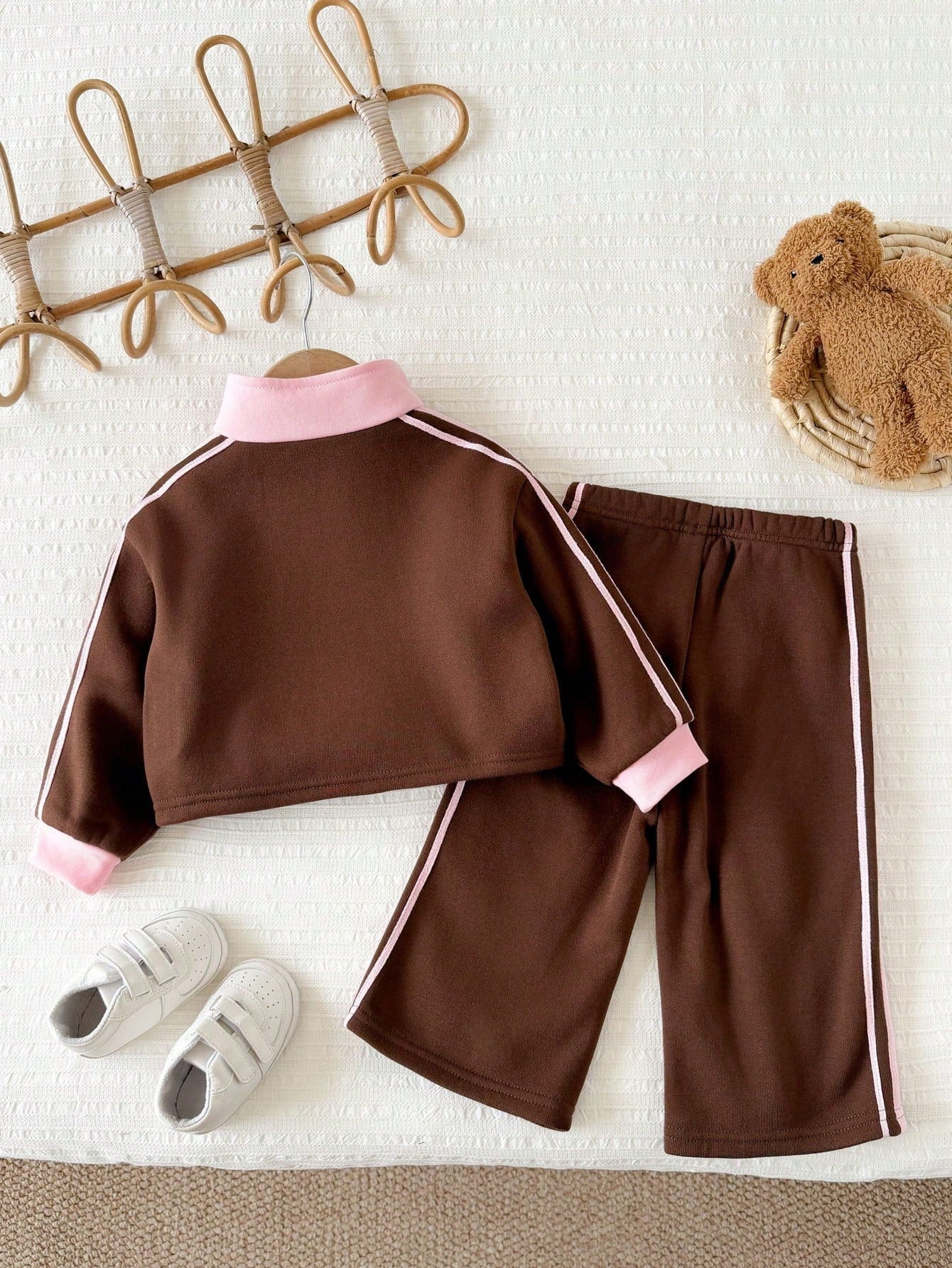 Baby Girl Knit Colorblock Stand Collar Casual Sweatshirt & Long Autumn Winter Pants 2 Pieces Set