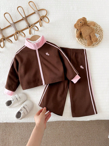 Baby Girl Knit Colorblock Stand Collar Casual Sweatshirt & Long Autumn Winter Pants 2 Pieces Set