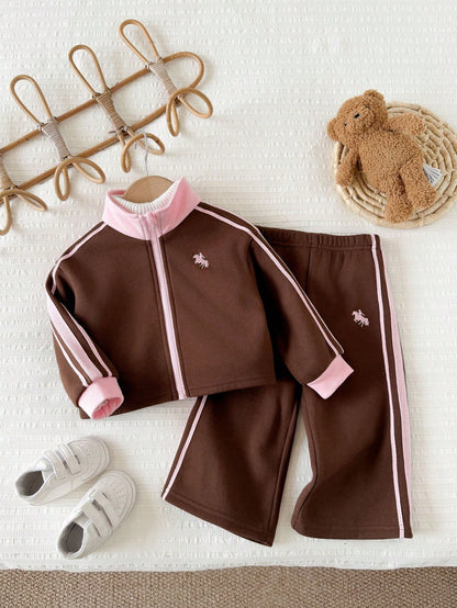 Baby Girl Knit Colorblock Stand Collar Casual Sweatshirt & Long Autumn Winter Pants 2 Pieces Set