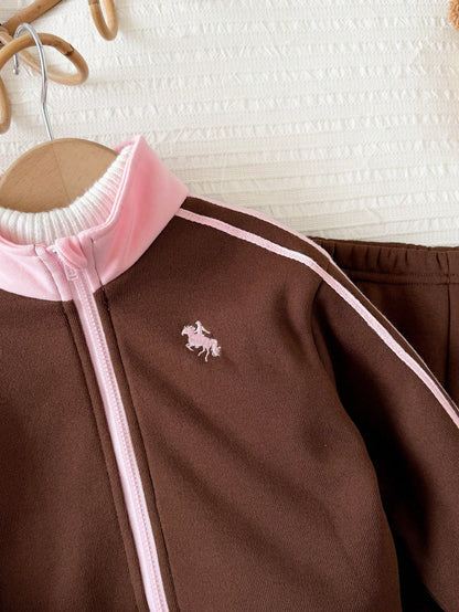 Baby Girl Knit Colorblock Stand Collar Casual Sweatshirt & Long Autumn Winter Pants 2 Pieces Set