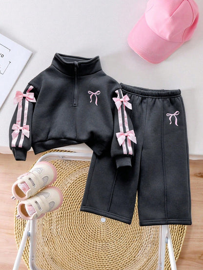 Baby Girl Knit Colorblock Stand Collar Casual Sweatshirt & Long Autumn Winter Pants 2 Pieces Set