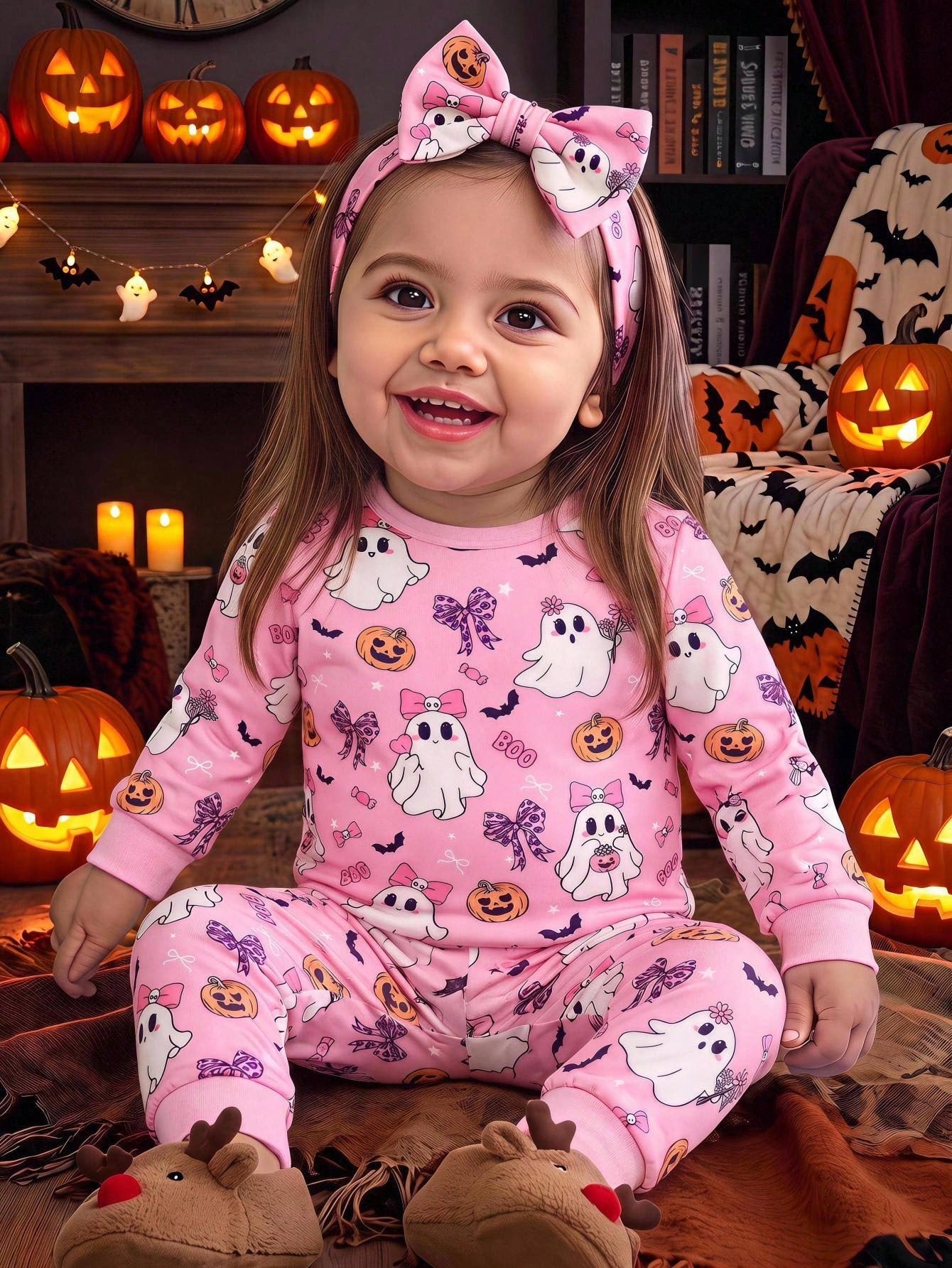 Baby Girl Knitted Cute Pattern Casual Fitted Top And Long Pants Loungewear 2 Pieces Set Suitable For Halloween