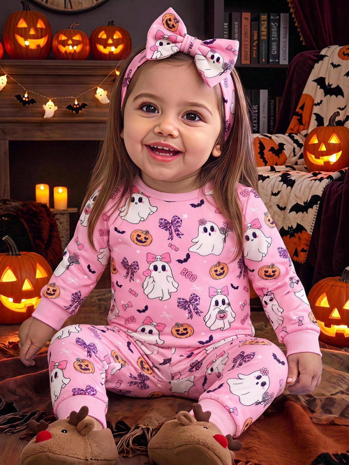 Baby Girl Knitted Cute Pattern Casual Fitted Top And Long Pants Loungewear 2 Pieces Set Suitable For Halloween