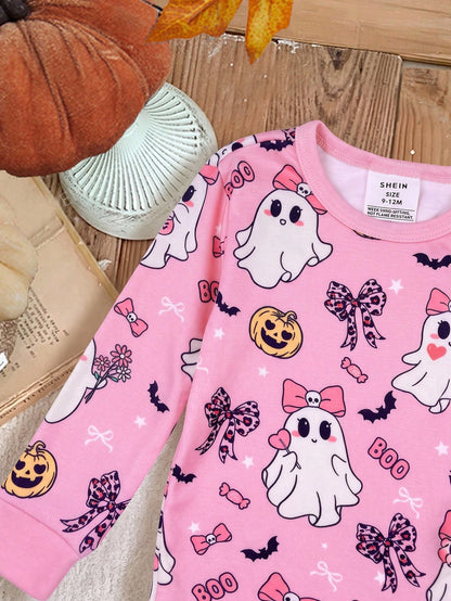 Baby Girl Knitted Cute Pattern Casual Fitted Top And Long Pants Loungewear 2 Pieces Set Suitable For Halloween