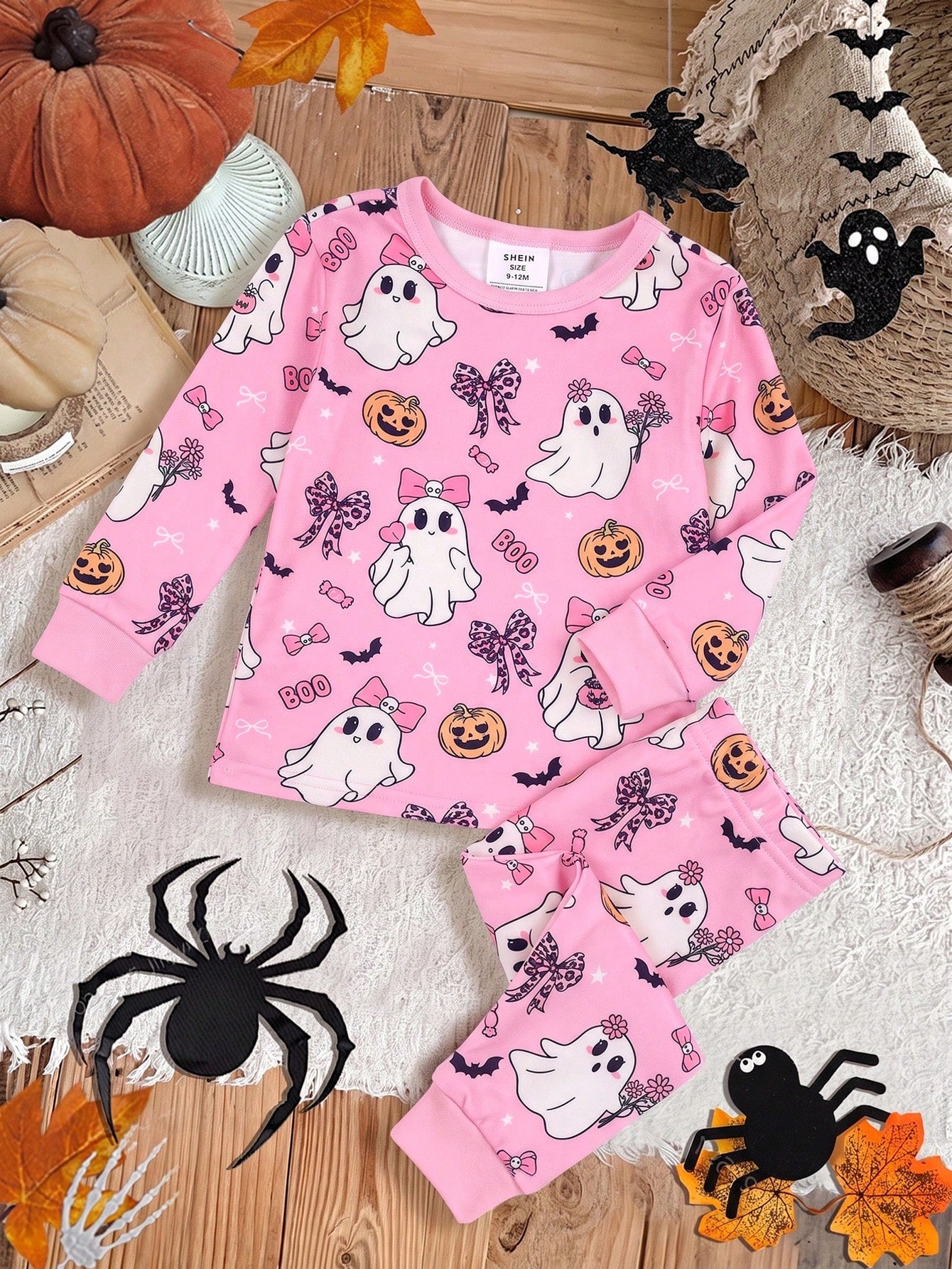 Baby Girl Knitted Cute Pattern Casual Fitted Top And Long Pants Loungewear 2 Pieces Set Suitable For Halloween