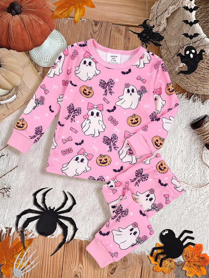 Baby Girl Knitted Cute Pattern Casual Fitted Top And Long Pants Loungewear 2 Pieces Set Suitable For Halloween