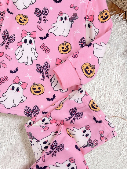 Baby Girl Knitted Cute Pattern Casual Fitted Top And Long Pants Loungewear 2 Pieces Set Suitable For Halloween