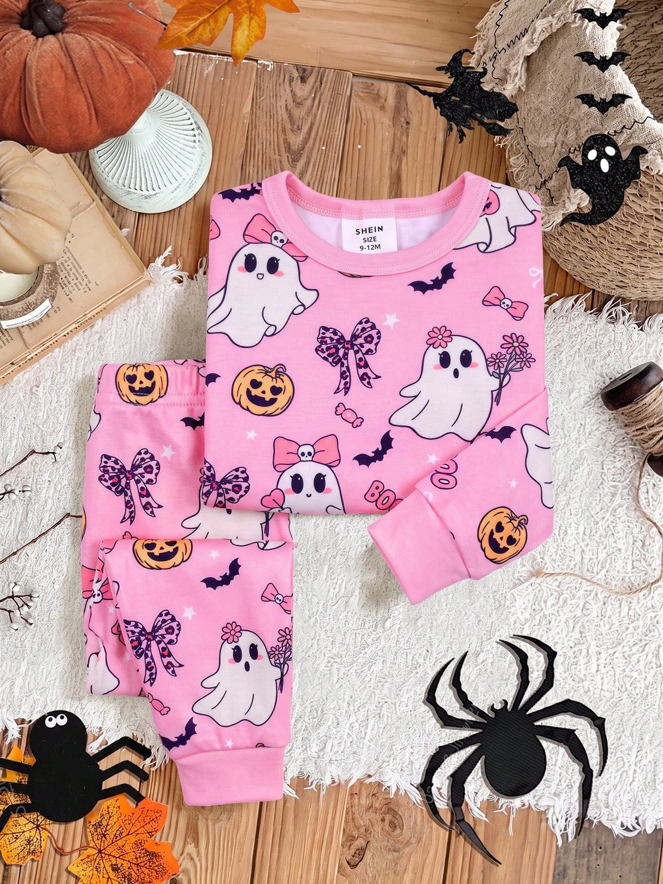 Baby Girl Knitted Cute Pattern Casual Fitted Top And Long Pants Loungewear 2 Pieces Set Suitable For Halloween