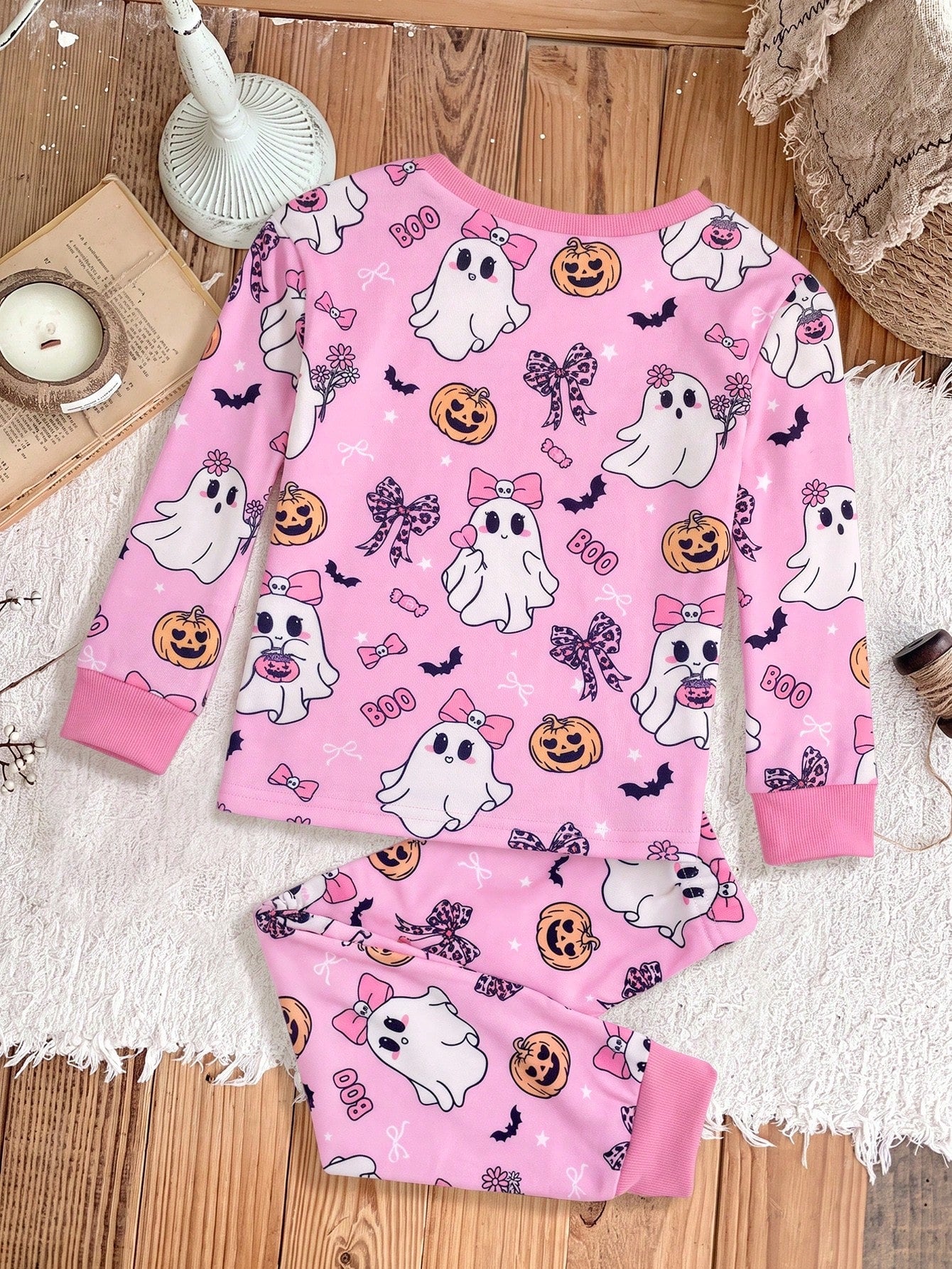 Baby Girl Knitted Cute Pattern Casual Fitted Top And Long Pants Loungewear 2 Pieces Set Suitable For Halloween