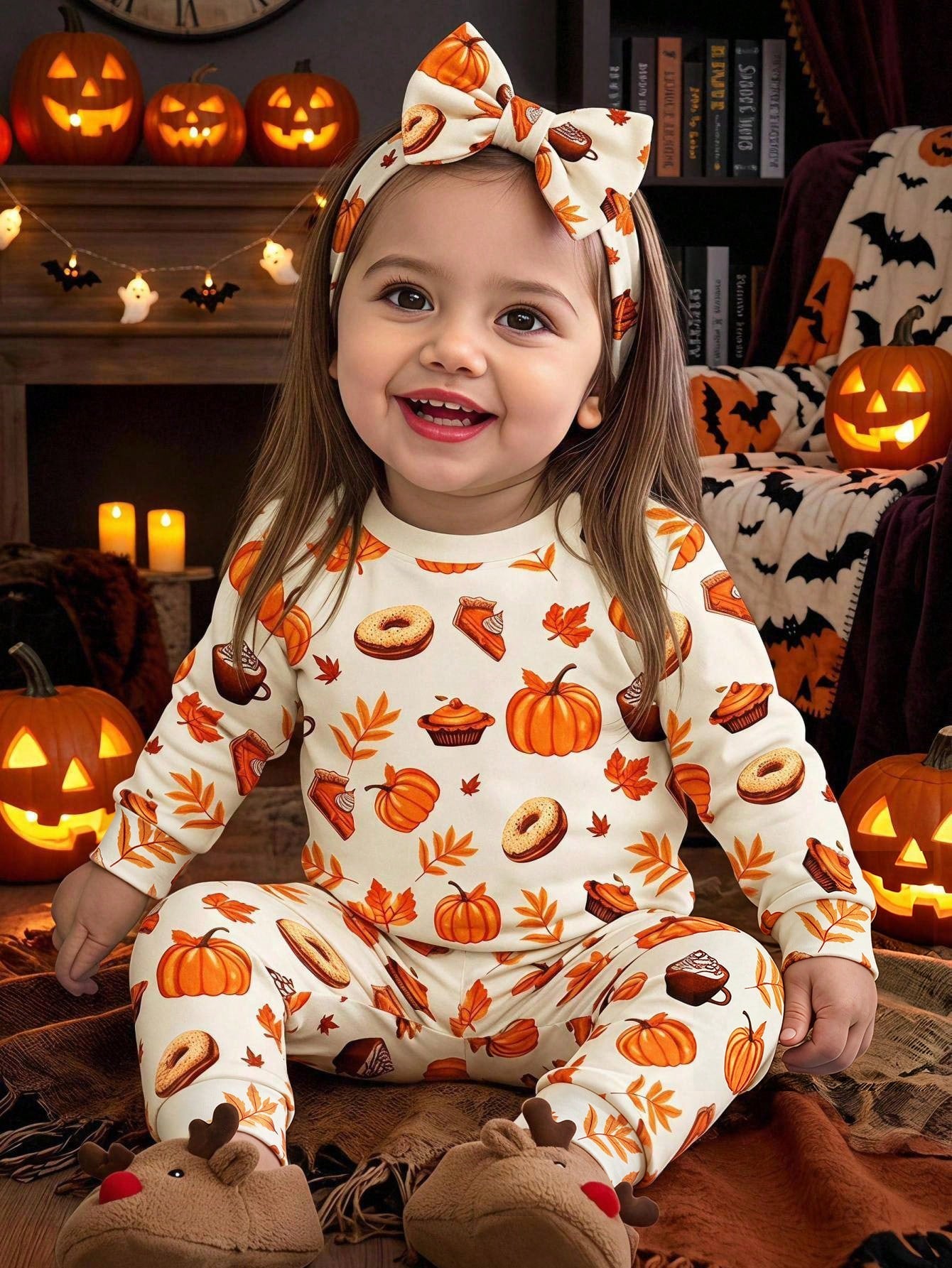 Baby Girl Knitted Cute Pattern Casual Fitted Top And Long Pants Loungewear 2 Pieces Set Suitable For Halloween