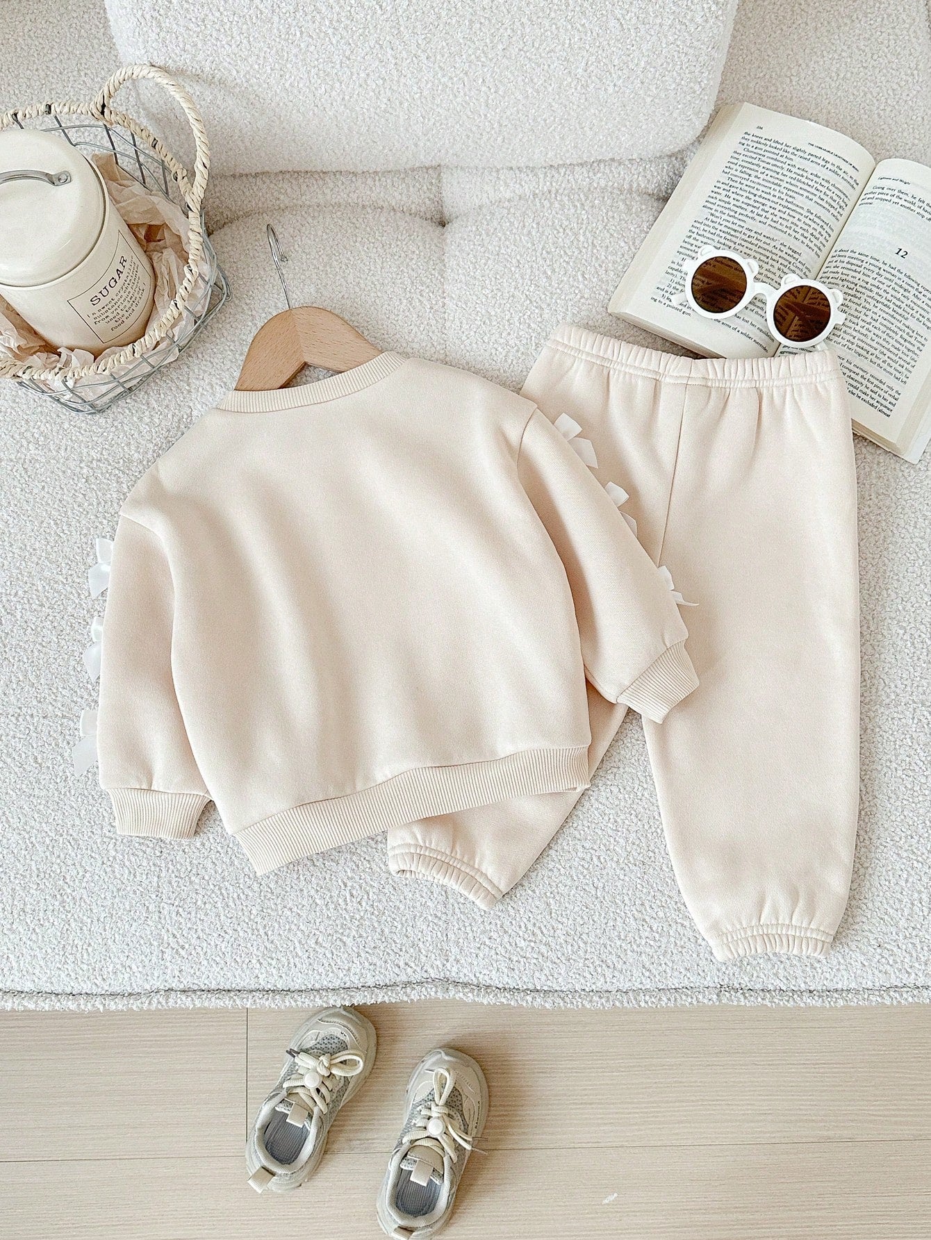 Baby Girl Knitted Solid Color Crew Neck 3D Bow Casual Fleece Lined Brushed Thick Sweatshirt And Long Autumn Winter Pants 2-Piece Set