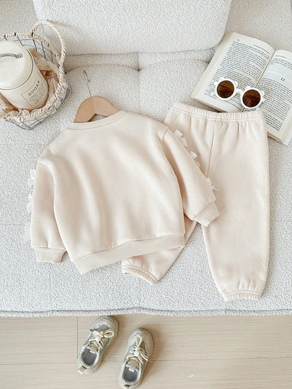 Baby Girl Knitted Solid Color Crew Neck 3D Bow Casual Fleece Lined Brushed Thick Sweatshirt And Long Autumn Winter Pants 2-Piece Set