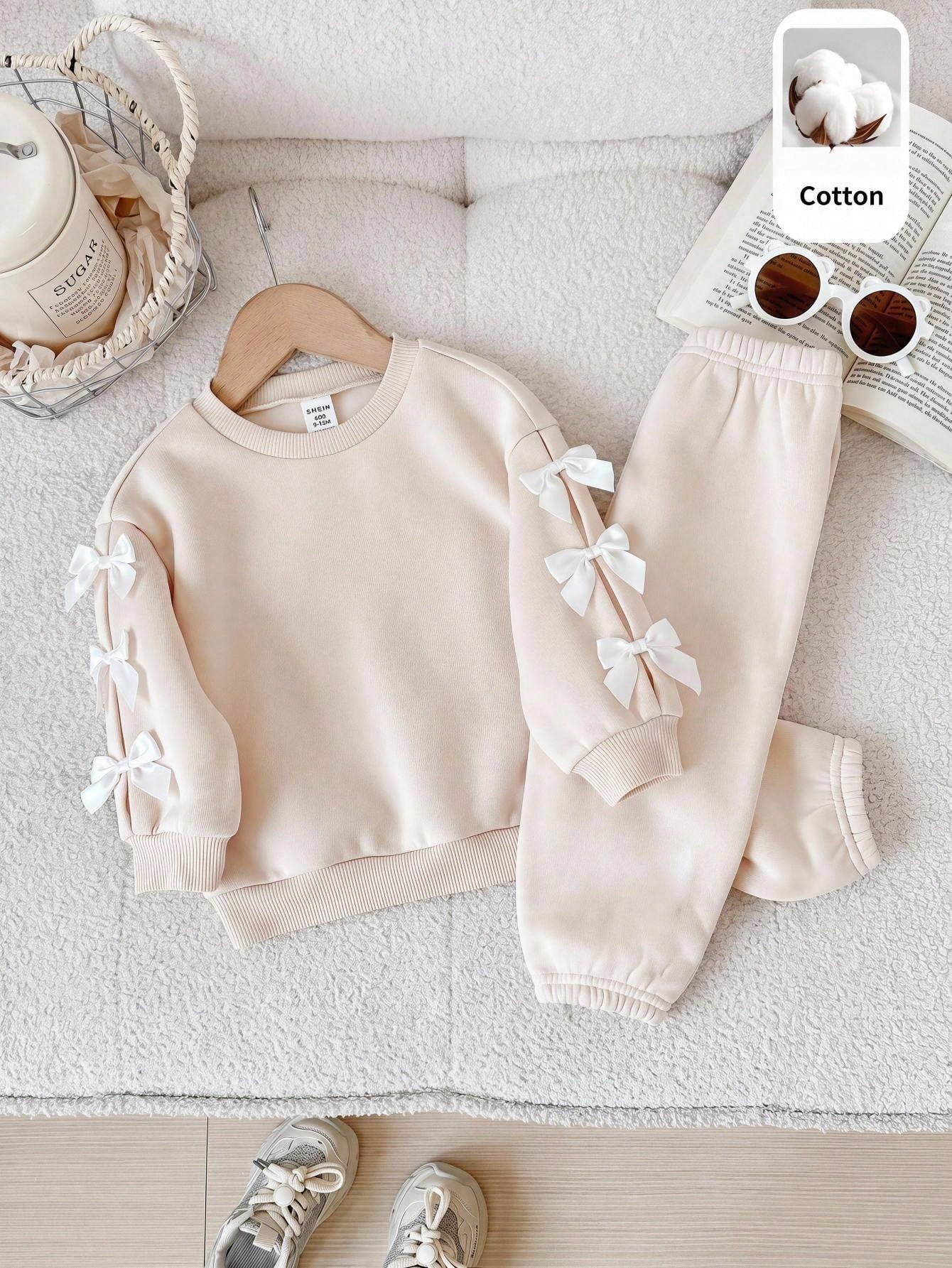 Baby Girl Knitted Solid Color Crew Neck 3D Bow Casual Fleece Lined Brushed Thick Sweatshirt And Long Autumn Winter Pants 2-Piece Set