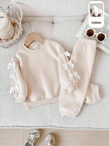 Baby Girl Knitted Solid Color Crew Neck 3D Bow Casual Fleece Lined Brushed Thick Sweatshirt And Long Autumn Winter Pants 2-Piece Set