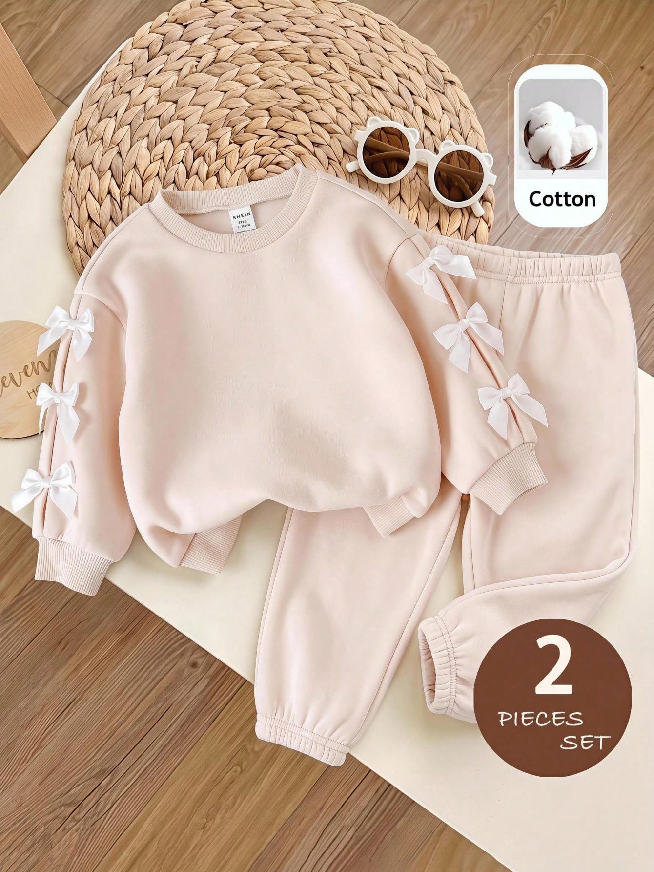 Baby Girl Knitted Solid Color Crew Neck 3D Bow Casual Fleece Lined Brushed Thick Sweatshirt And Long Autumn Winter Pants 2-Piece Set