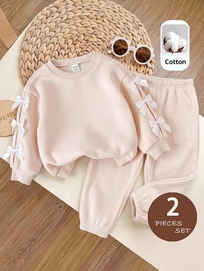 Baby Girl Knitted Solid Color Crew Neck 3D Bow Casual Fleece Lined Brushed Thick Sweatshirt And Long Autumn Winter Pants 2-Piece Set