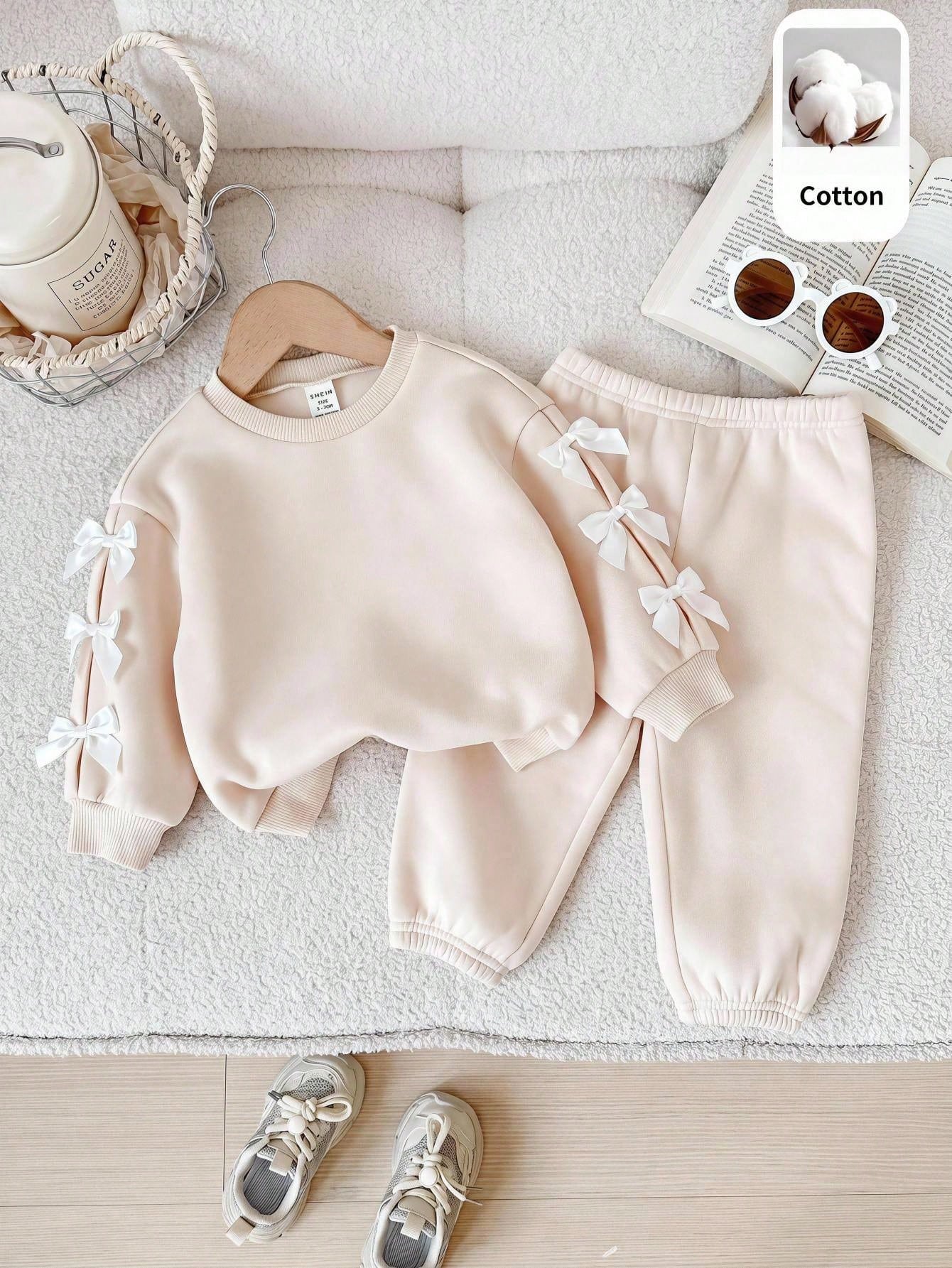 Baby Girl Knitted Solid Color Crew Neck 3D Bow Casual Fleece Lined Brushed Thick Sweatshirt And Long Autumn Winter Pants 2-Piece Set