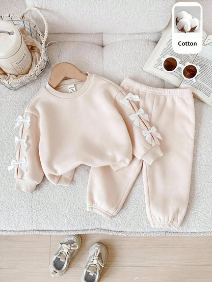 Baby Girl Knitted Solid Color Crew Neck 3D Bow Casual Fleece Lined Brushed Thick Sweatshirt And Long Autumn Winter Pants 2-Piece Set