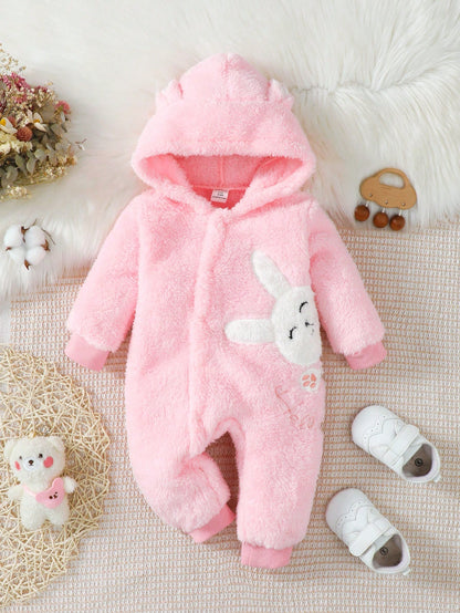 Baby Girl Rabbit Embroidery 3D Ear Design Hooded Teddy Jumpsuit