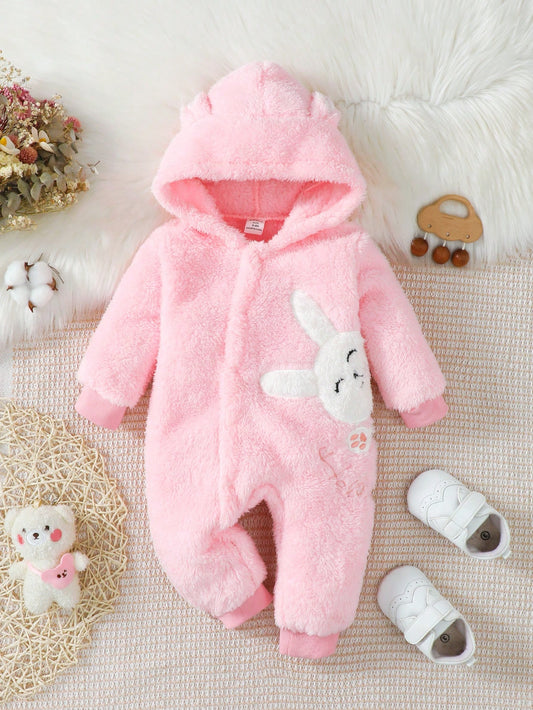 Baby Girl Rabbit Embroidery 3D Ear Design Hooded Teddy Jumpsuit