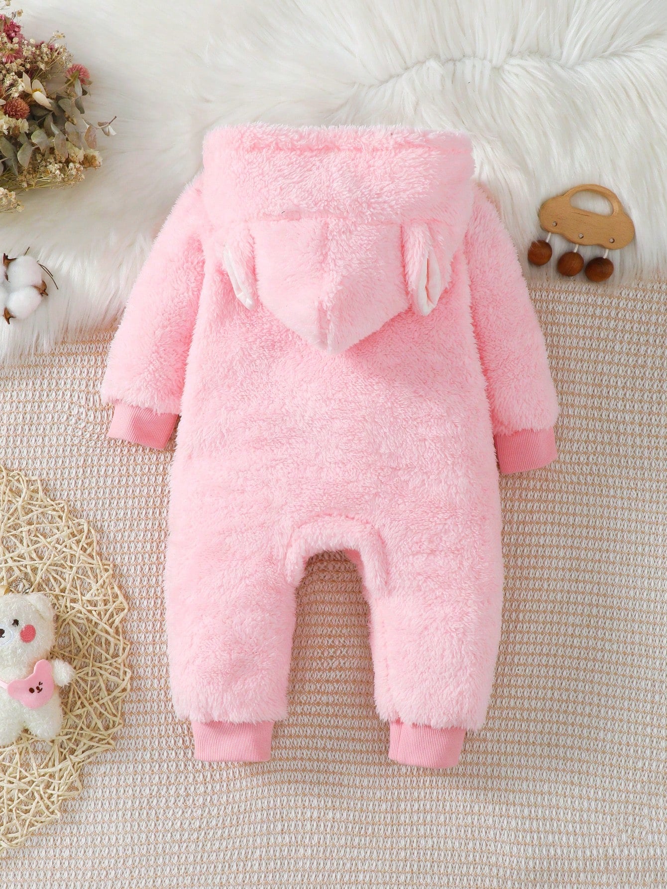 Baby Girl Rabbit Embroidery 3D Ear Design Hooded Teddy Jumpsuit