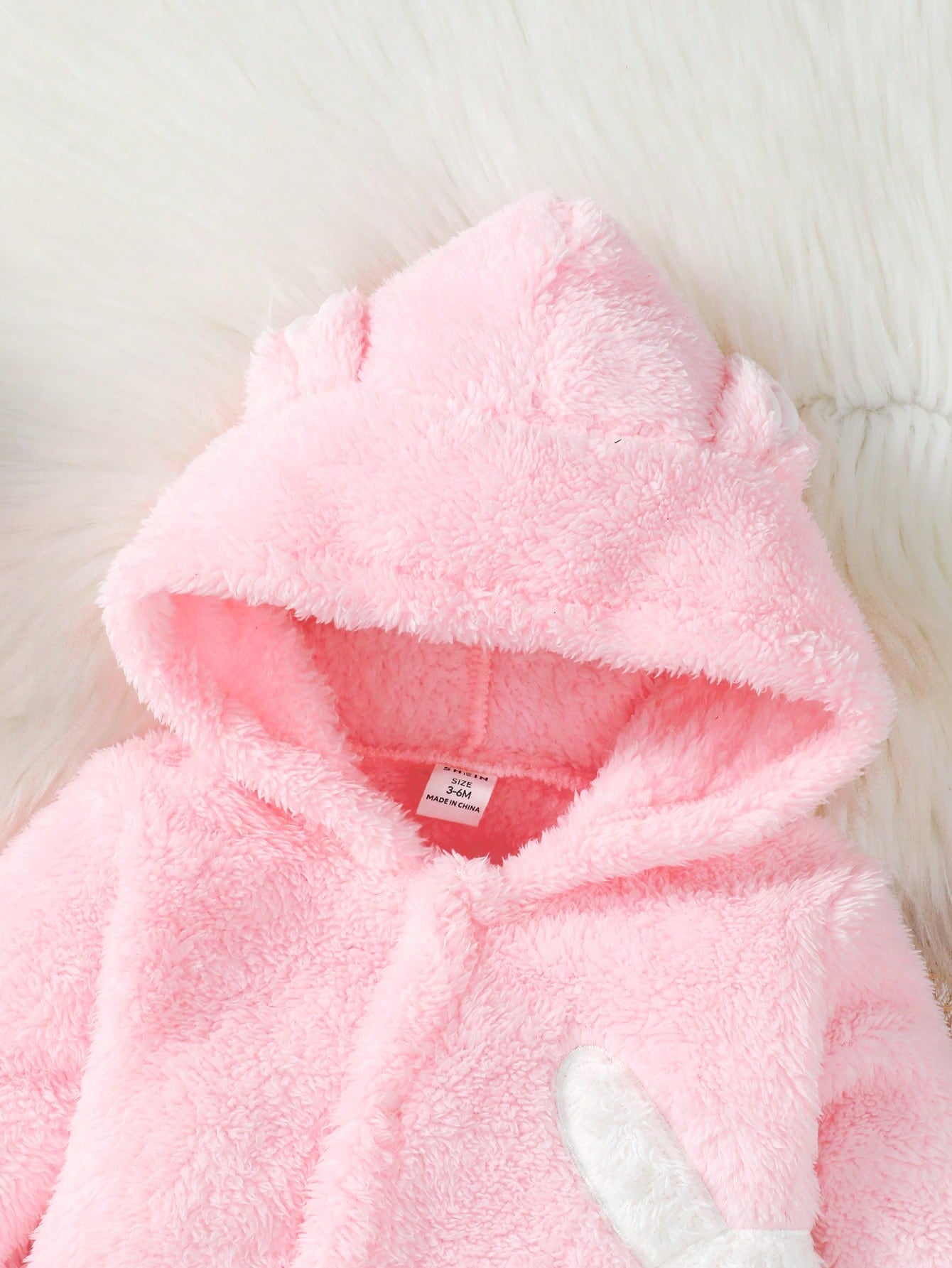 Baby Girl Rabbit Embroidery 3D Ear Design Hooded Teddy Jumpsuit