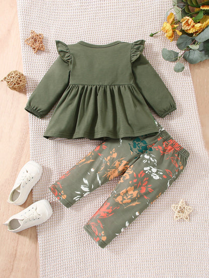 Baby Girl Ruffle Trim Peplum Top & Floral Print Pants