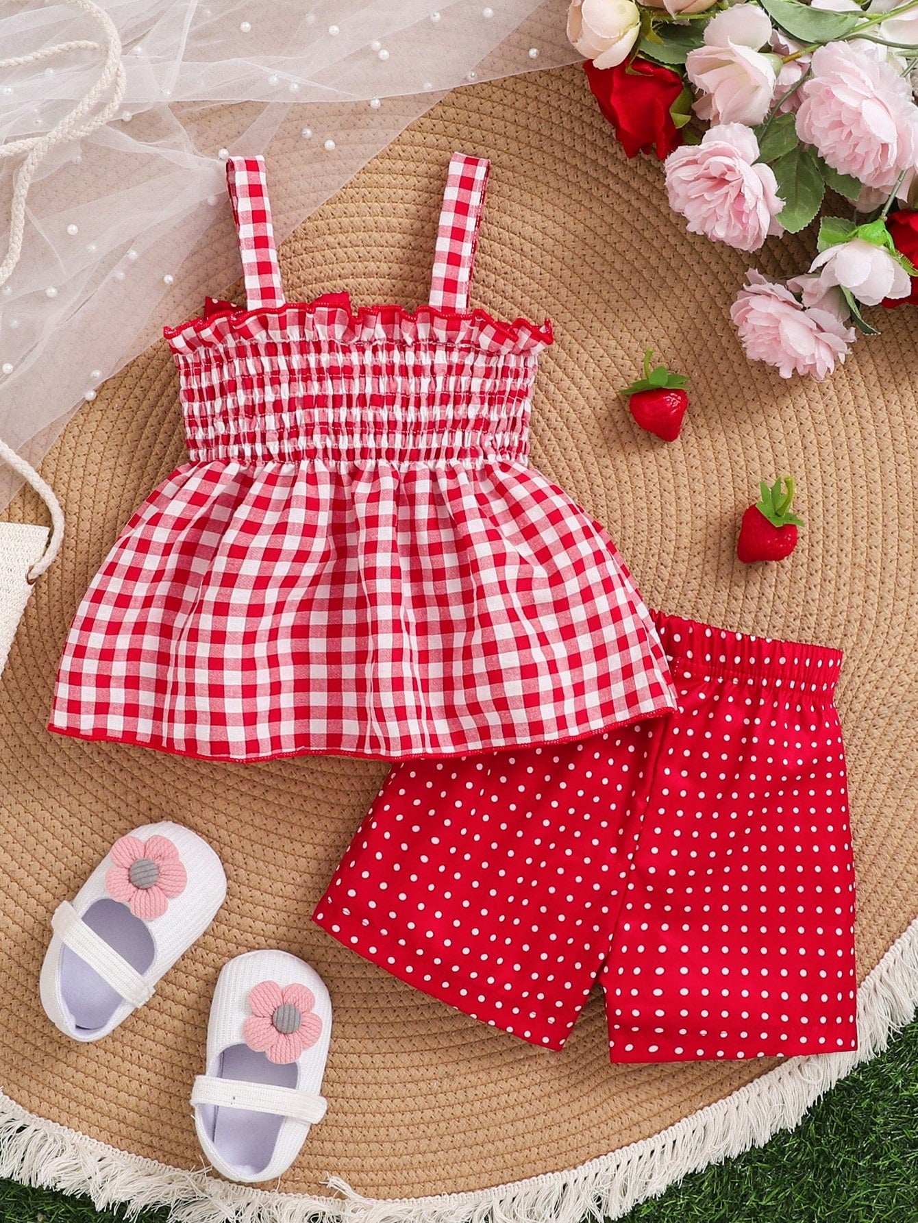 Baby Girl Spring Cabled Strawberry Embroidery Bow Plaid Suspender Top And Red Polka Dot Shorts 2pcs/Set