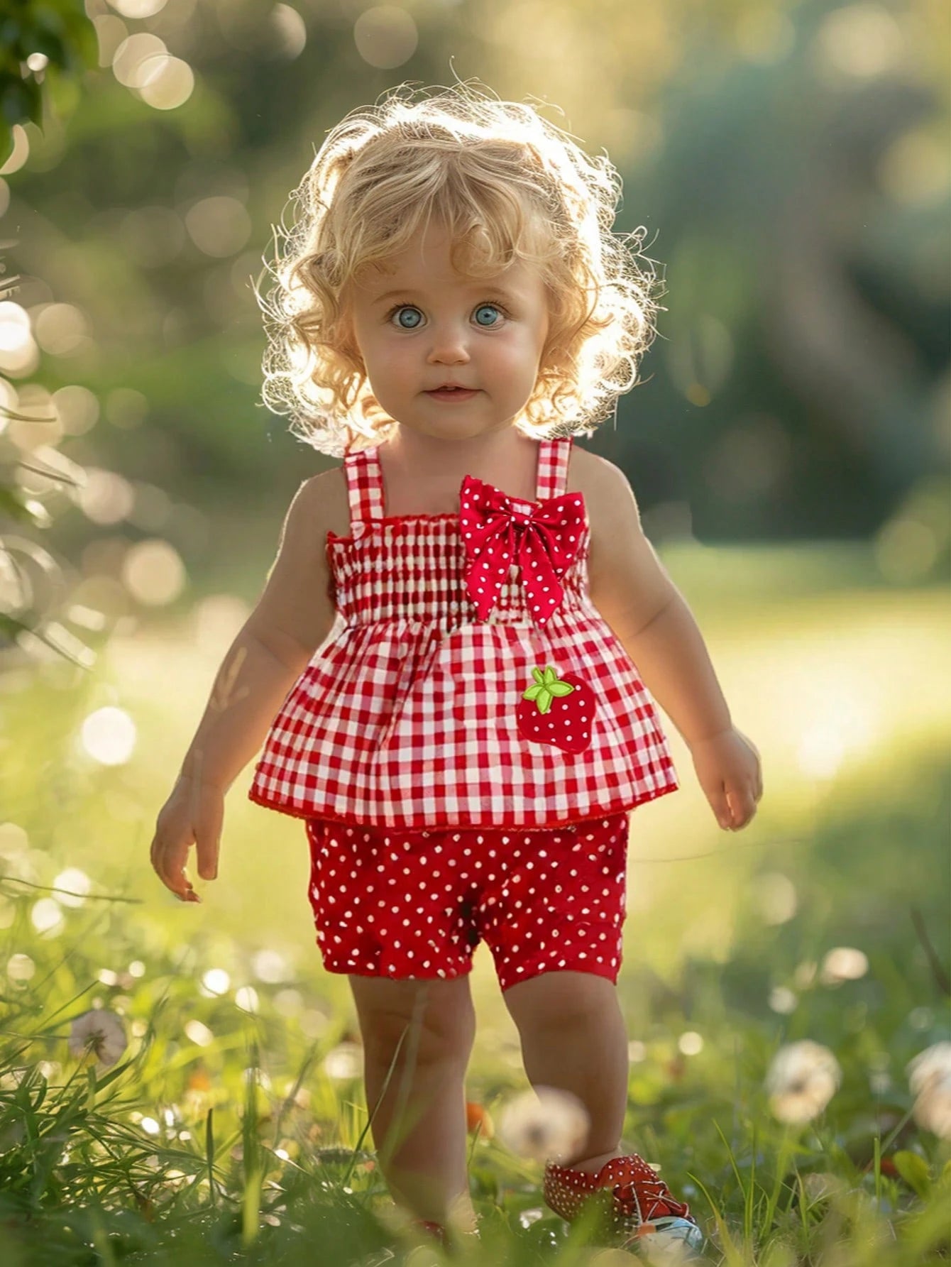 Baby Girl Spring Cabled Strawberry Embroidery Bow Plaid Suspender Top And Red Polka Dot Shorts 2pcs/Set