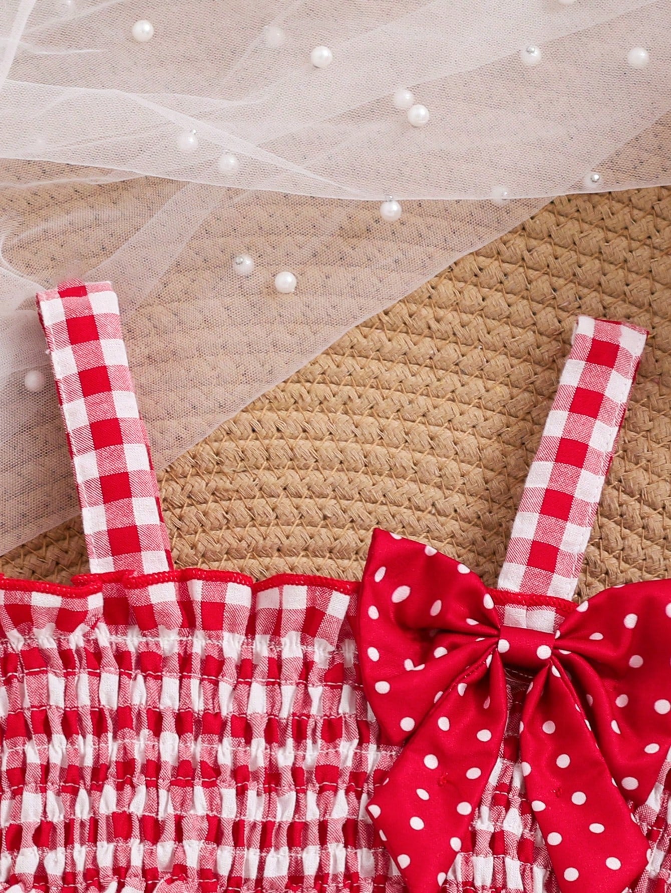 Baby Girl Spring Cabled Strawberry Embroidery Bow Plaid Suspender Top And Red Polka Dot Shorts 2pcs/Set