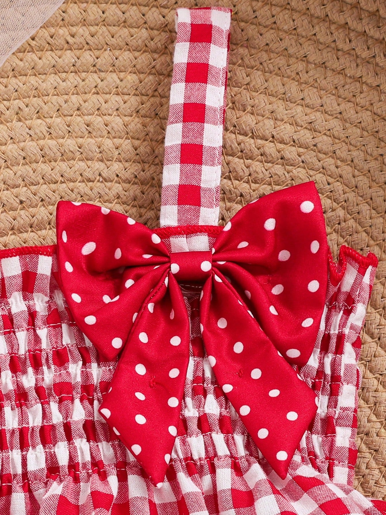 Baby Girl Spring Cabled Strawberry Embroidery Bow Plaid Suspender Top And Red Polka Dot Shorts 2pcs/Set