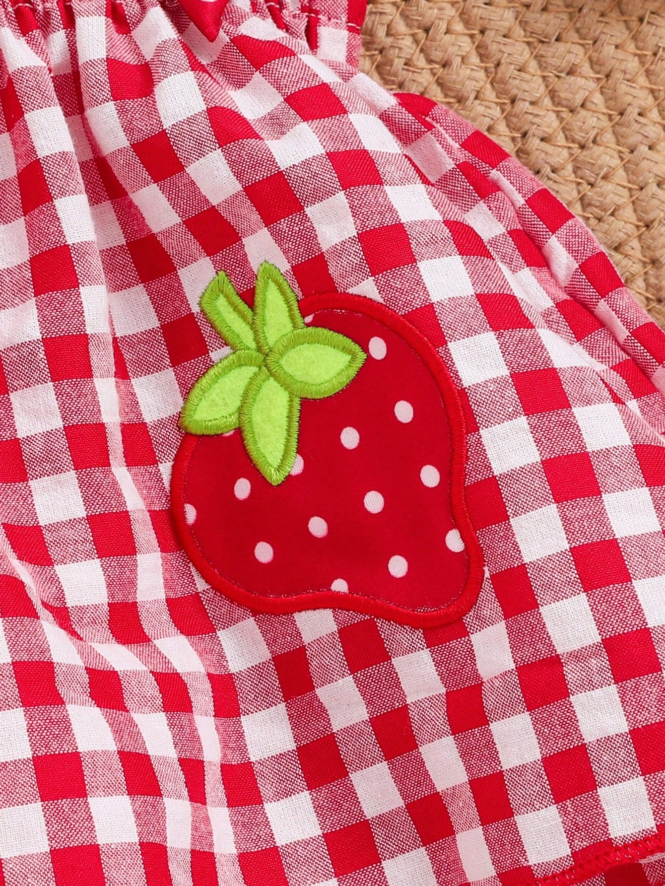 Baby Girl Spring Cabled Strawberry Embroidery Bow Plaid Suspender Top And Red Polka Dot Shorts 2pcs/Set