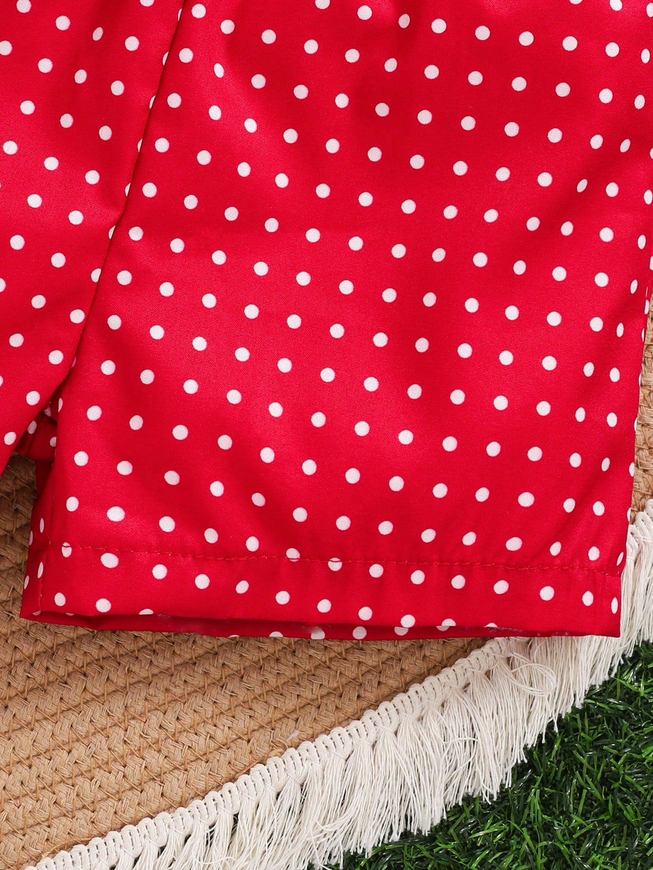 Baby Girl Spring Cabled Strawberry Embroidery Bow Plaid Suspender Top And Red Polka Dot Shorts 2pcs/Set
