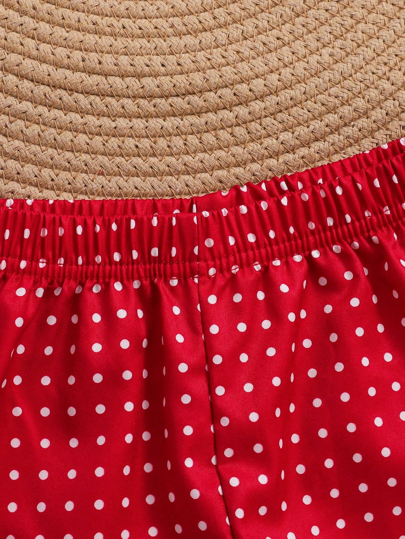 Baby Girl Spring Cabled Strawberry Embroidery Bow Plaid Suspender Top And Red Polka Dot Shorts 2pcs/Set