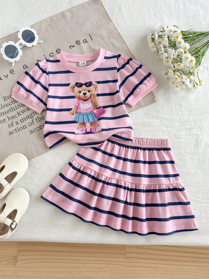 Baby Girl Summer Pink Cute Family Matching Korean Style Butterfly Knit Short Sleeve Top And Striped Skirt Set Adorable Bear Print Flowy Dress Outfit