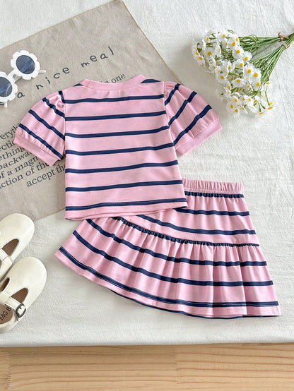 Baby Girl Summer Pink Cute Family Matching Korean Style Butterfly Knit Short Sleeve Top And Striped Skirt Set Adorable Bear Print Flowy Dress Outfit