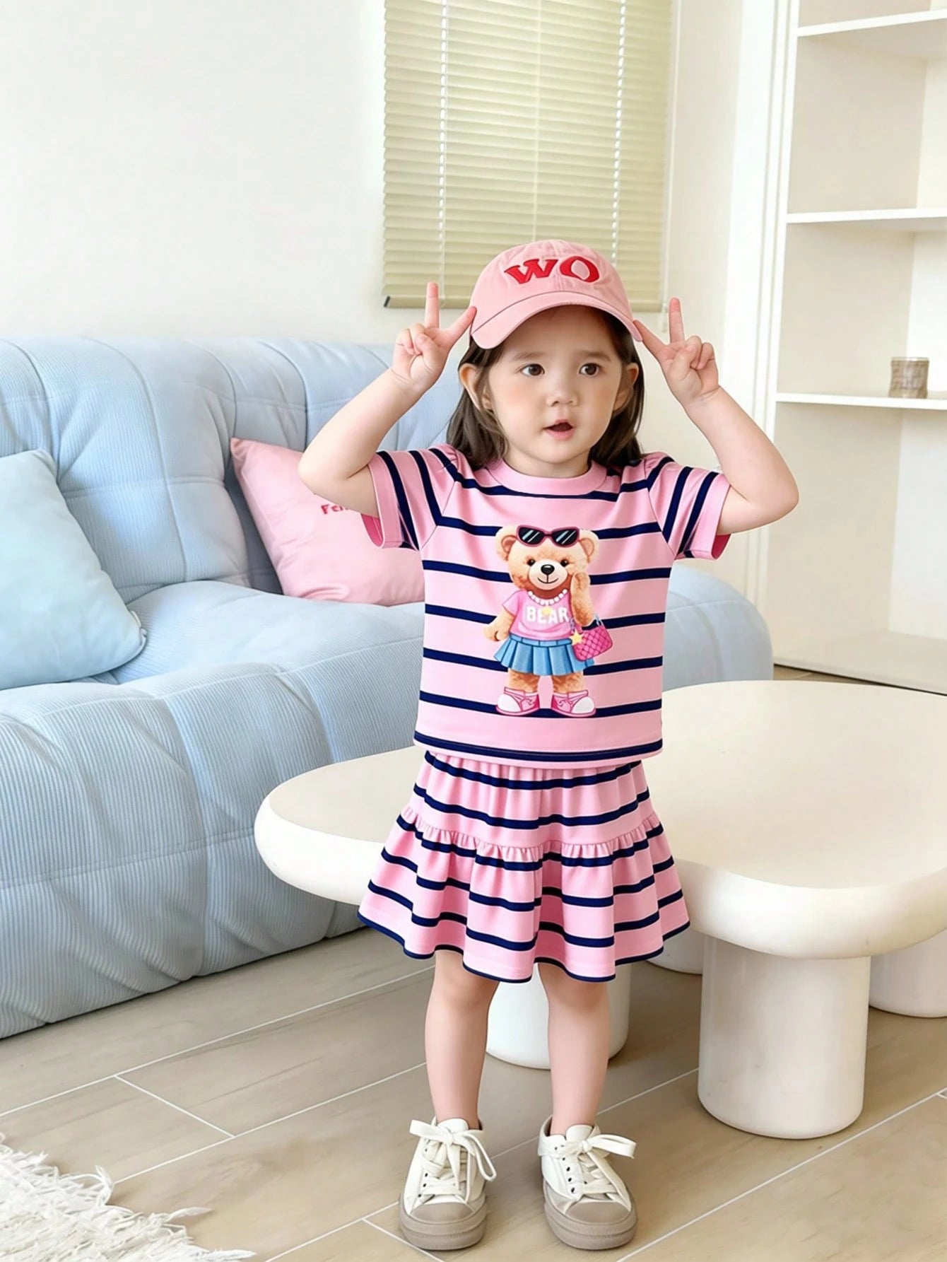 Baby Girl Summer Pink Cute Family Matching Korean Style Butterfly Knit Short Sleeve Top And Striped Skirt Set Adorable Bear Print Flowy Dress Outfit