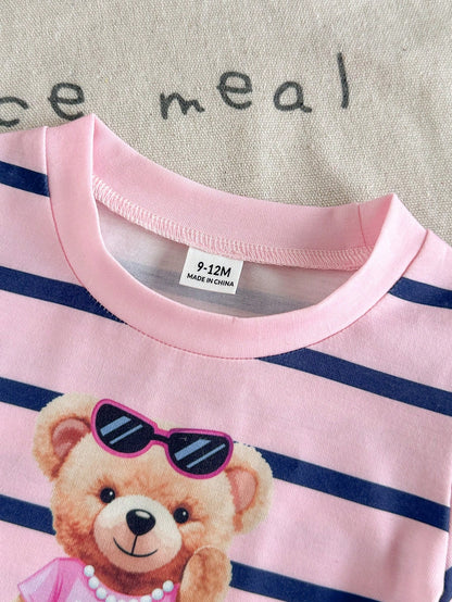 Baby Girl Summer Pink Cute Family Matching Korean Style Butterfly Knit Short Sleeve Top And Striped Skirt Set Adorable Bear Print Flowy Dress Outfit