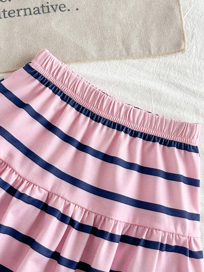 Baby Girl Summer Pink Cute Family Matching Korean Style Butterfly Knit Short Sleeve Top And Striped Skirt Set Adorable Bear Print Flowy Dress Outfit