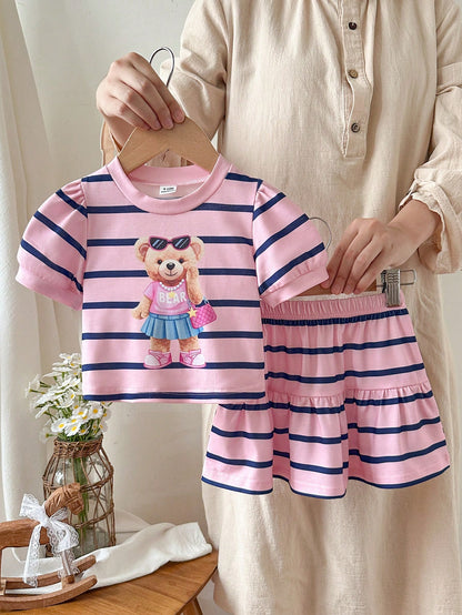 Baby Girl Summer Pink Cute Family Matching Korean Style Butterfly Knit Short Sleeve Top And Striped Skirt Set Adorable Bear Print Flowy Dress Outfit