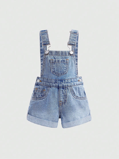 Baby GirlLoose Fit Denim Overalls With 3D Bow Decor At Back Waist,Summer Outfits,Casual And Fashionable Vacation Outfits,Street Wear,2000s Style,Comfortable And Soft Denim,Comfortable And Soft