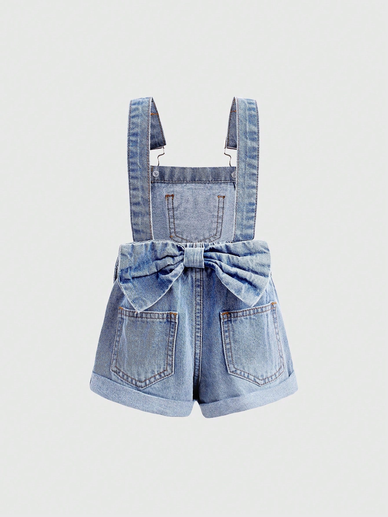 Baby GirlLoose Fit Denim Overalls With 3D Bow Decor At Back Waist,Summer Outfits,Casual And Fashionable Vacation Outfits,Street Wear,2000s Style,Comfortable And Soft Denim,Comfortable And Soft