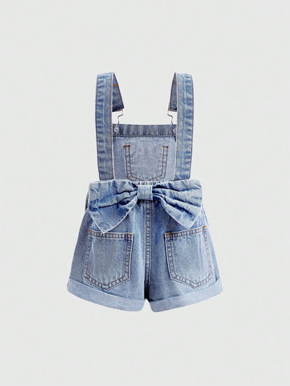 Baby GirlLoose Fit Denim Overalls With 3D Bow Decor At Back Waist,Summer Outfits,Casual And Fashionable Vacation Outfits,Street Wear,2000s Style,Comfortable And Soft Denim,Comfortable And Soft