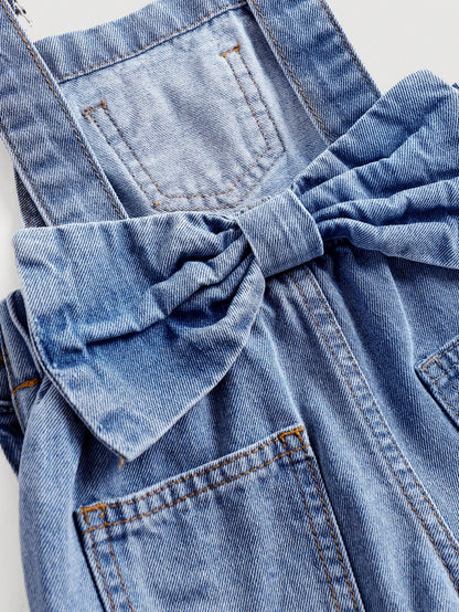 Baby GirlLoose Fit Denim Overalls With 3D Bow Decor At Back Waist,Summer Outfits,Casual And Fashionable Vacation Outfits,Street Wear,2000s Style,Comfortable And Soft Denim,Comfortable And Soft