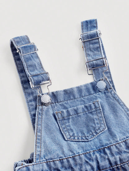Baby GirlLoose Fit Denim Overalls With 3D Bow Decor At Back Waist,Summer Outfits,Casual And Fashionable Vacation Outfits,Street Wear,2000s Style,Comfortable And Soft Denim,Comfortable And Soft