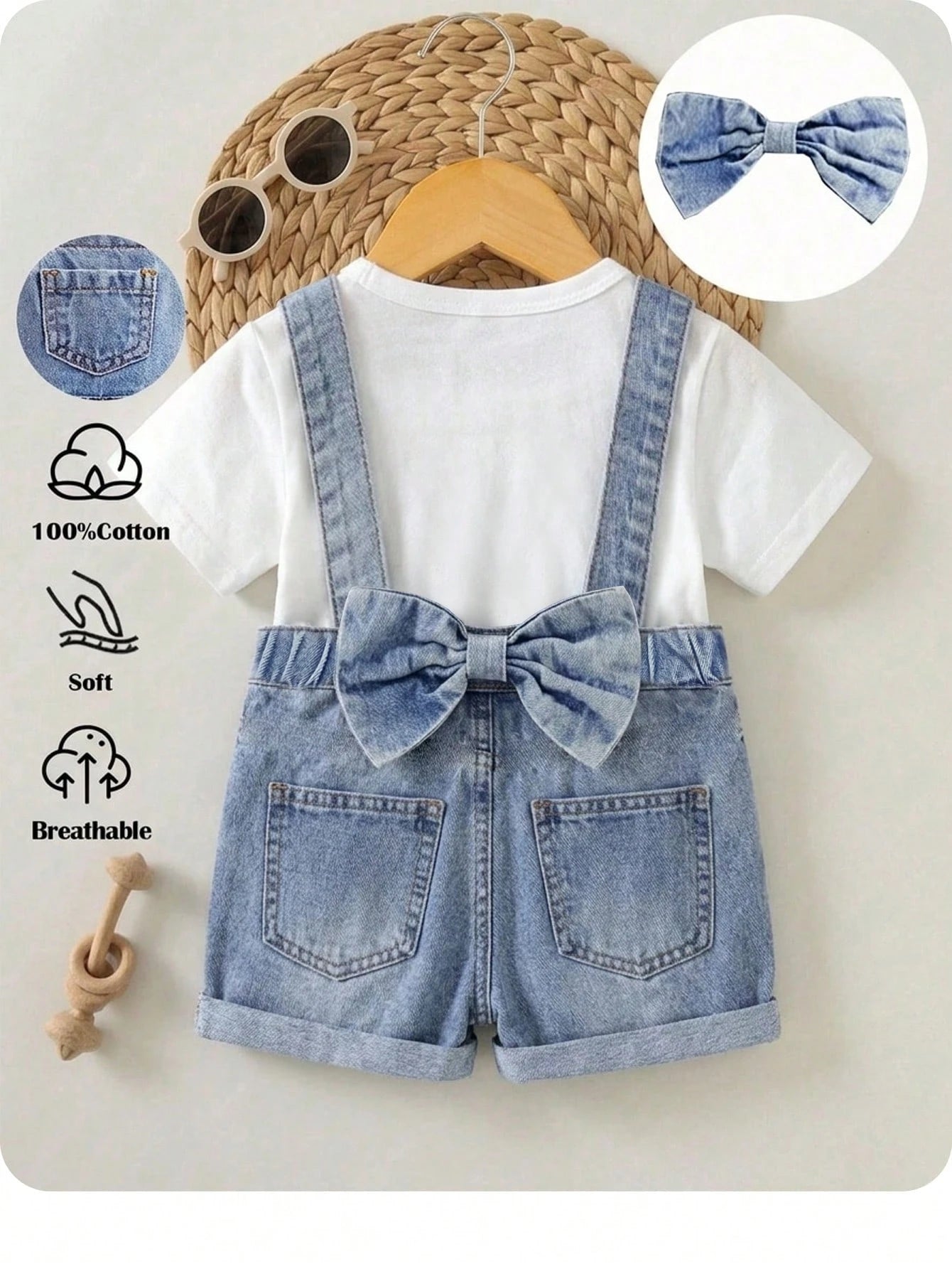 Baby GirlLoose Fit Denim Overalls With 3D Bow Decor At Back Waist,Summer Outfits,Casual And Fashionable Vacation Outfits,Street Wear,2000s Style,Comfortable And Soft Denim,Comfortable And Soft